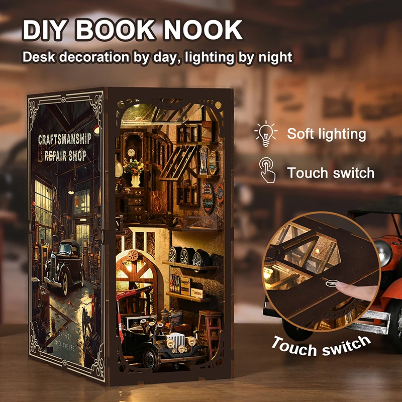 Skill Auto Repair Shop Book Nook DIY House 3D Puzzle Model Kit Wooden Handmade Miniature Building Creative Gift Home Decor