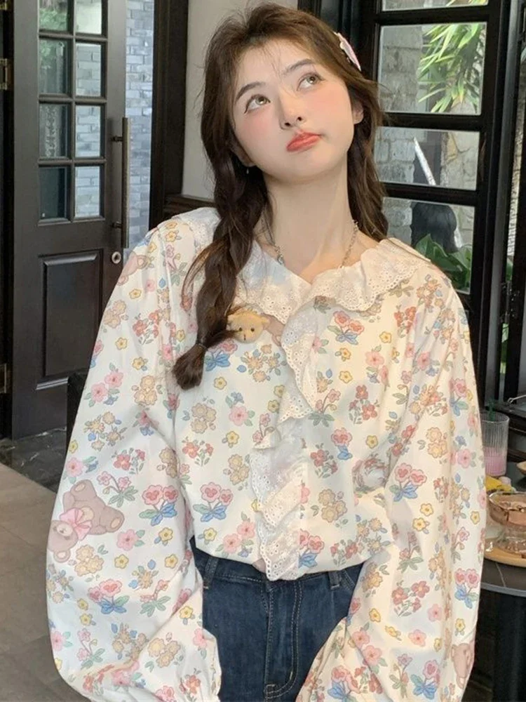 Chemises florales à volants pour femmes, douce, ample, décontractée, mignonne, japonaise, manches longues, Design Vintage, Prairie Chic, hauts