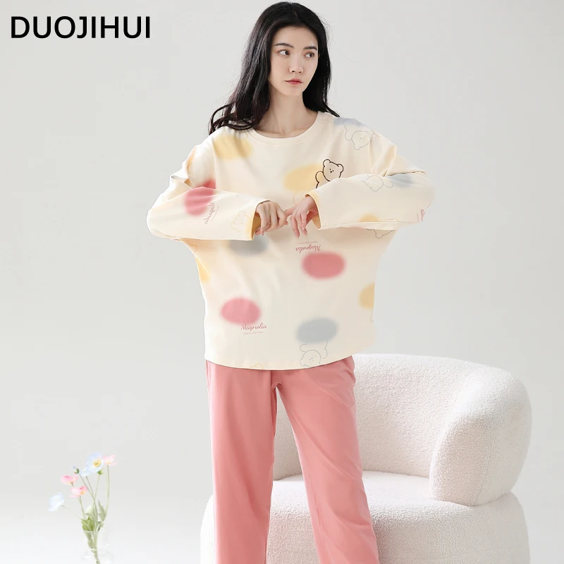 DUOJIHUI Chic Pocket Simple Printed Female Pajamas Set Autumn New Basic Loose Fashion Soft Classic Casual Home Pajamas for Women