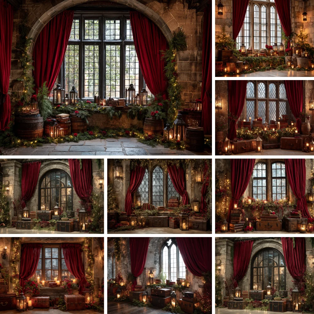 Vintage Stone Arch Window Xmas Backdrop Red Curtain Lantern Greenery Family Kids Holiday Portrait Studio Photo Booth Prop