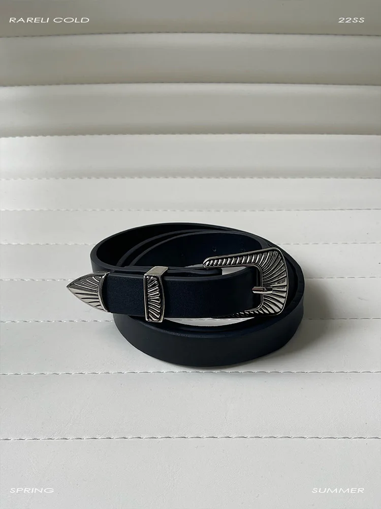 Women Metal Cowskin Vintage Split Leather Buckle Black Belt