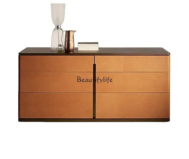 

1lItalian Minimalist Chest of Drawers Saddle Leather High Solid Wood Chest of Six Drawers Mild Luxury Marble