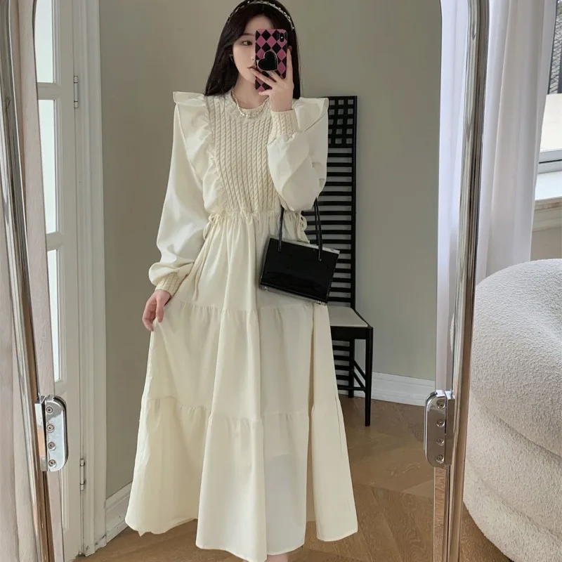 

Femme Spring Autumn Korean Loose Patchwork Solid Color O-neck Dress Elegant Simplicity A Celebrity Cotton Elegant Dressyoung Sty