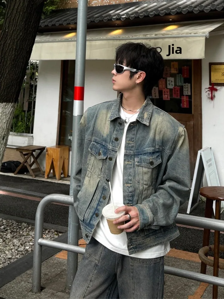 

Waed American Sle ort Denim Jaet for Men Vintage Workwear Jaet with kets Youthful Trendy Outerwear Coat