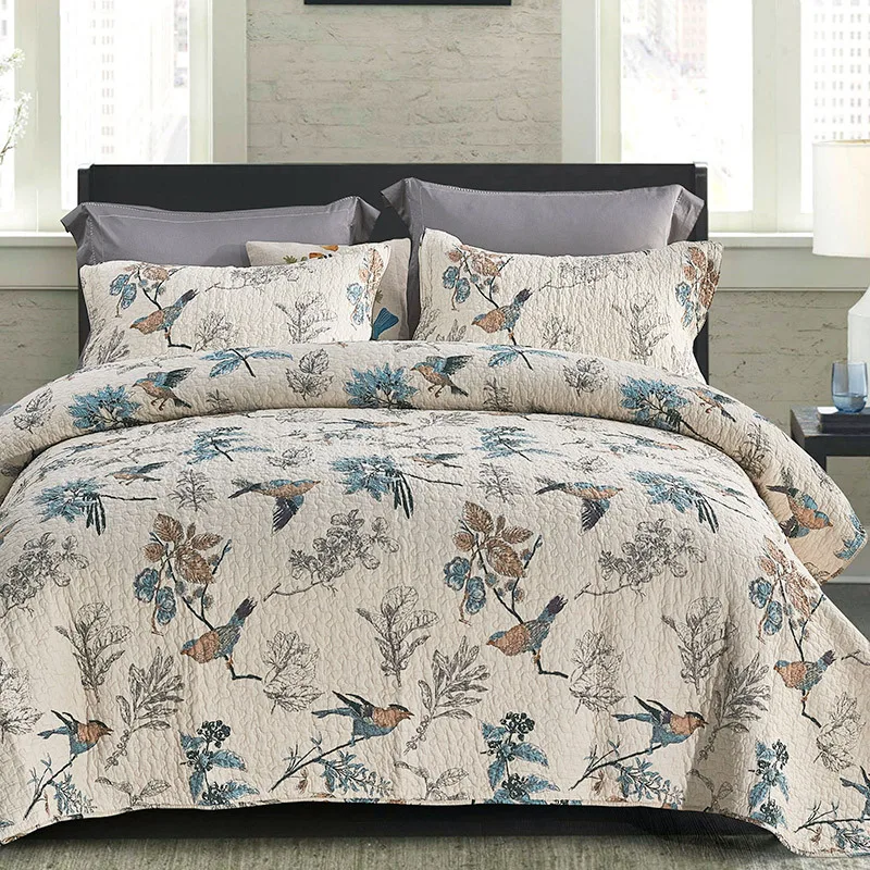 CHAUSUB Cotton Quilt Set Reversible 3PCS Bedspread on the Bed Birds Print King Size Summer Coverlet Quilted Bed Cover