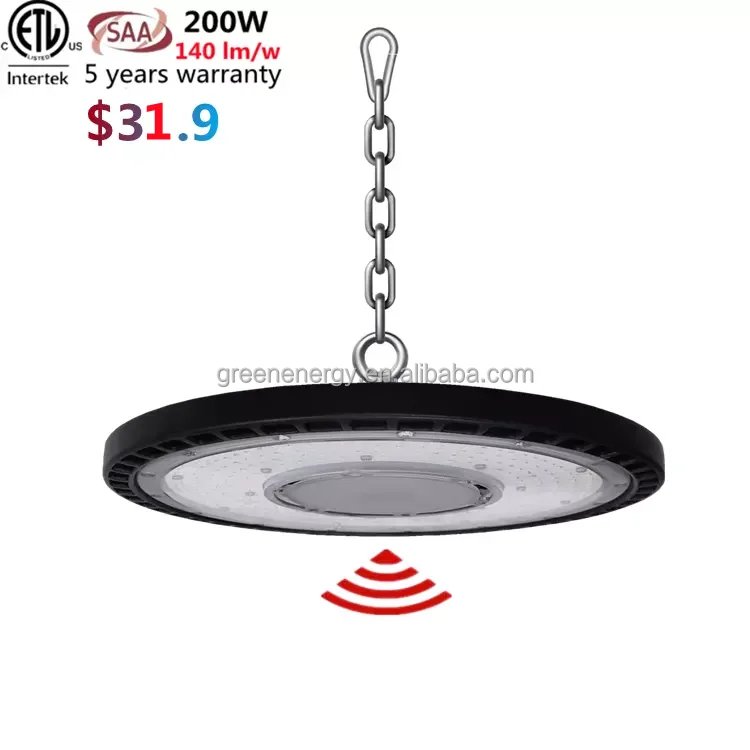 Shenzhen factory 5 anni di garanzia ufo high bay light led 200w 28000lm 100-277V AC angolo del fascio di 120 gradi con sensore di movimento intelligente