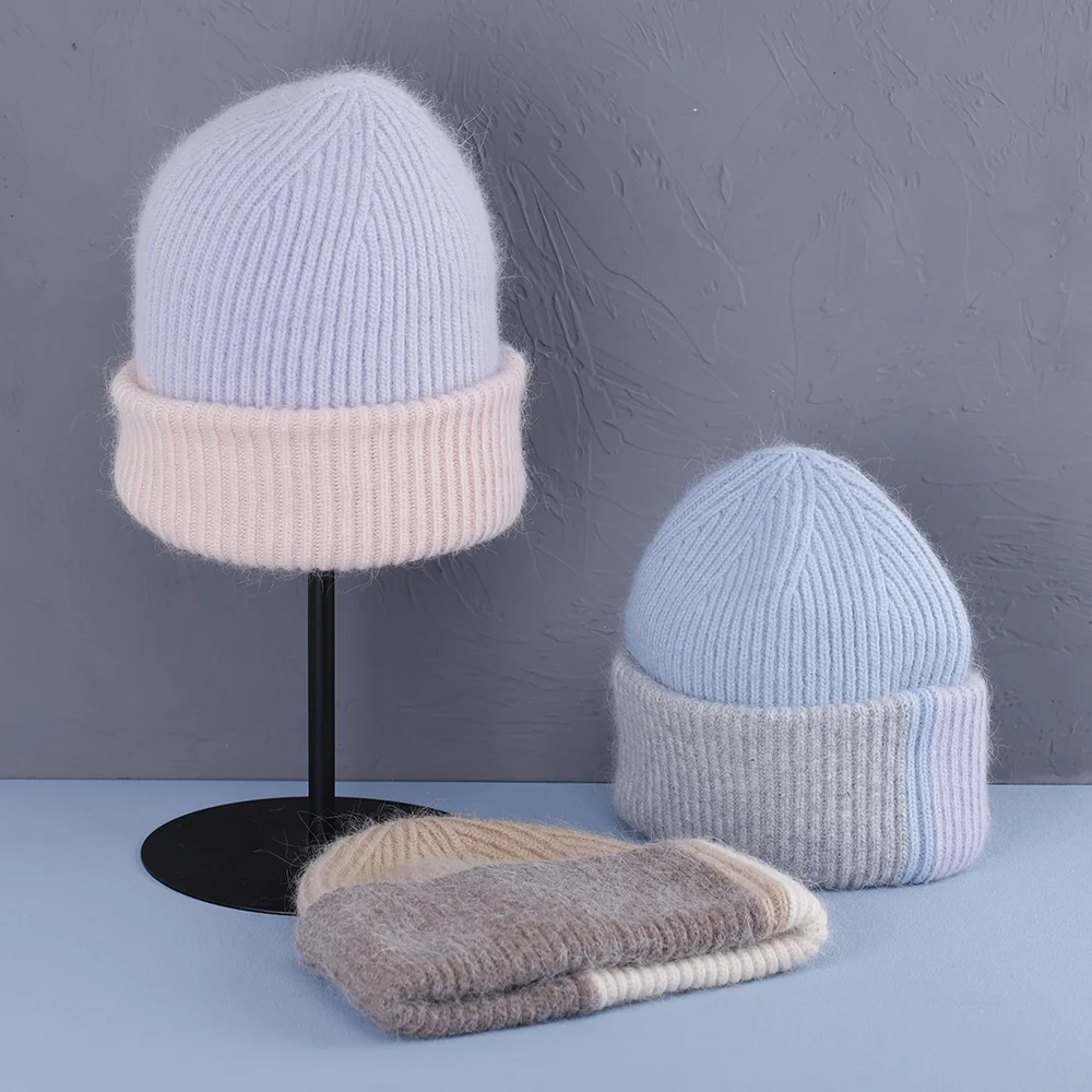 2023 Kaninchenfell-Wintermütze für Damen, Mützen, weich, warm, flauschig, rosa Farbe, Angora-Strickmütze, Skullies-Mützen zum kostenlosen Versand – Detail 4