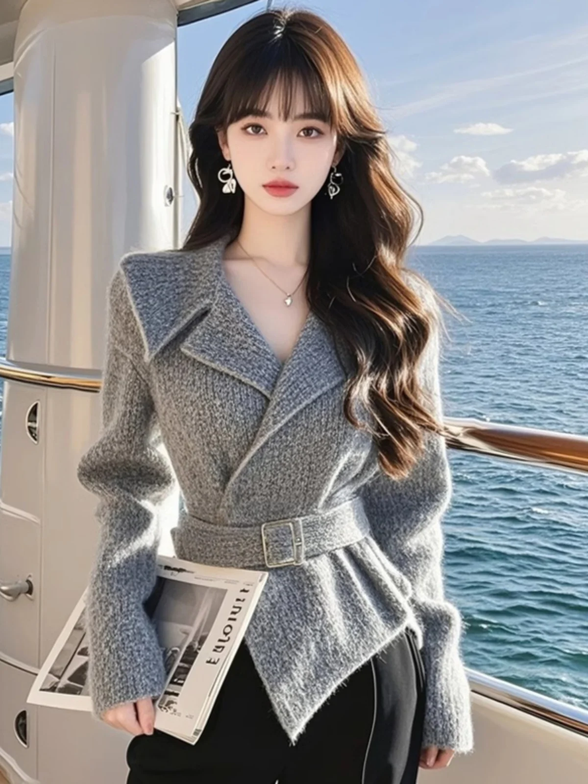 

Ele ey ort Coat Women's Faion Commute Sle Fitted Waist Suit Collar Outerwear Unique Sli Autumn Winter Top