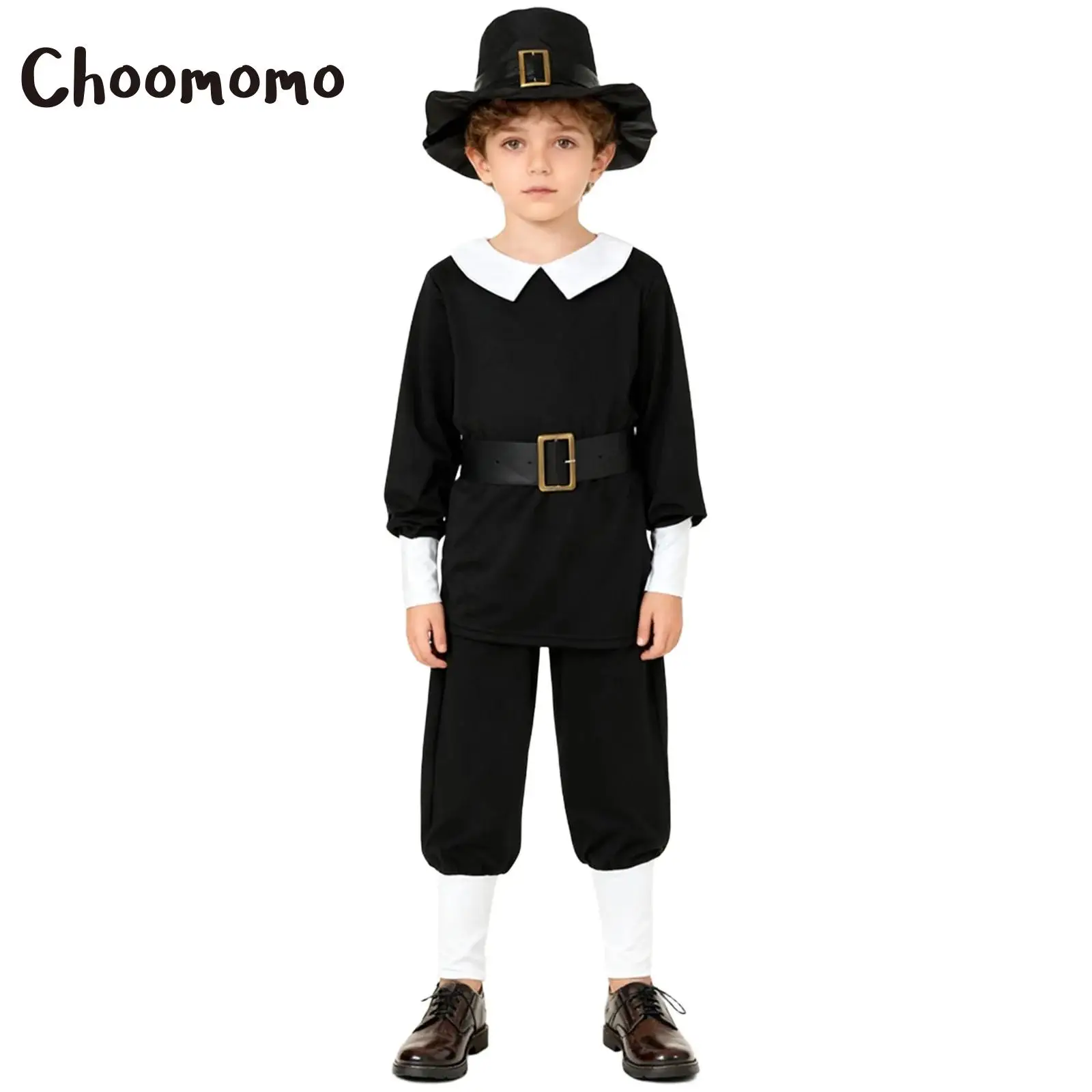 

Boys Medieval Colonial Costumes Halloween Cosplay Victorian Outfit Long Sleeve Top with Waistbelt Pants +Hat 18th Century Suits
