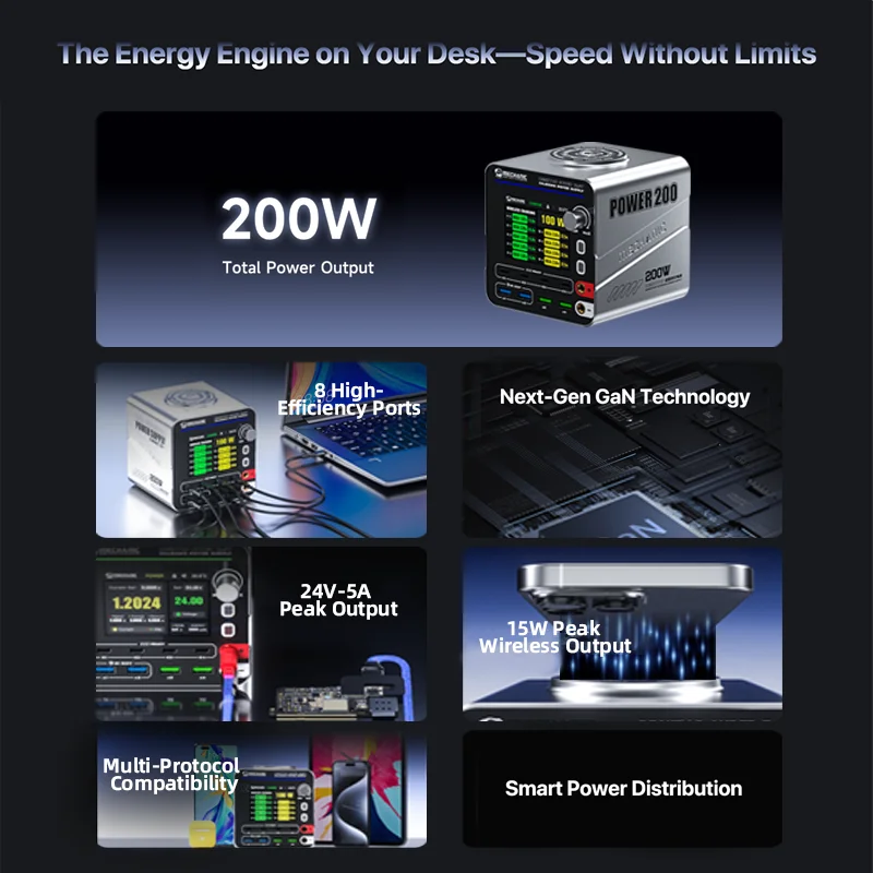 MECHANIC POWER 200 Desktop Fast Charging Power Station 200W Multi Port USB C Regulated Power Supply For Phone Fast Charging Tool