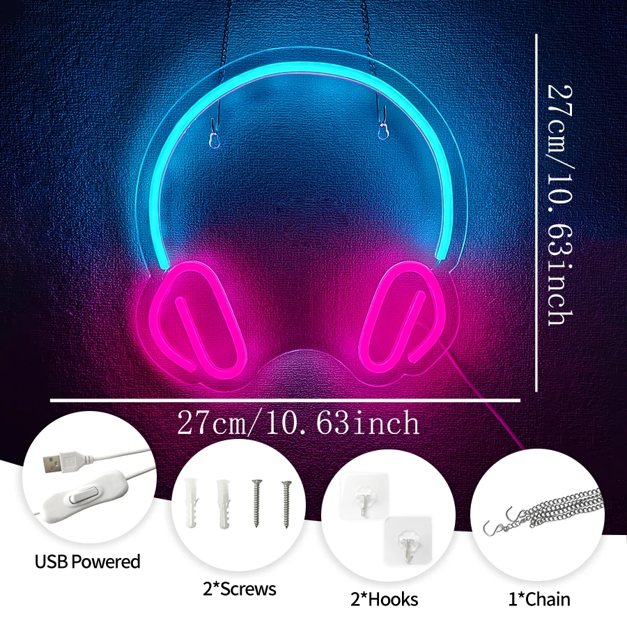 Music Headset Led Neon Sign, Used For Wall Decor, Usb Powered, Room, Club, Bar, Music Studio, Game Room Wall Lamp, Easy To Hang.