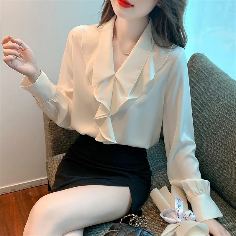 Korean Fashion Ruffle Luxury Elegant Blouse Spring Office Lady Business Casual Shirt Solid Long Sleeve Loose Tops Chiffon Blusas