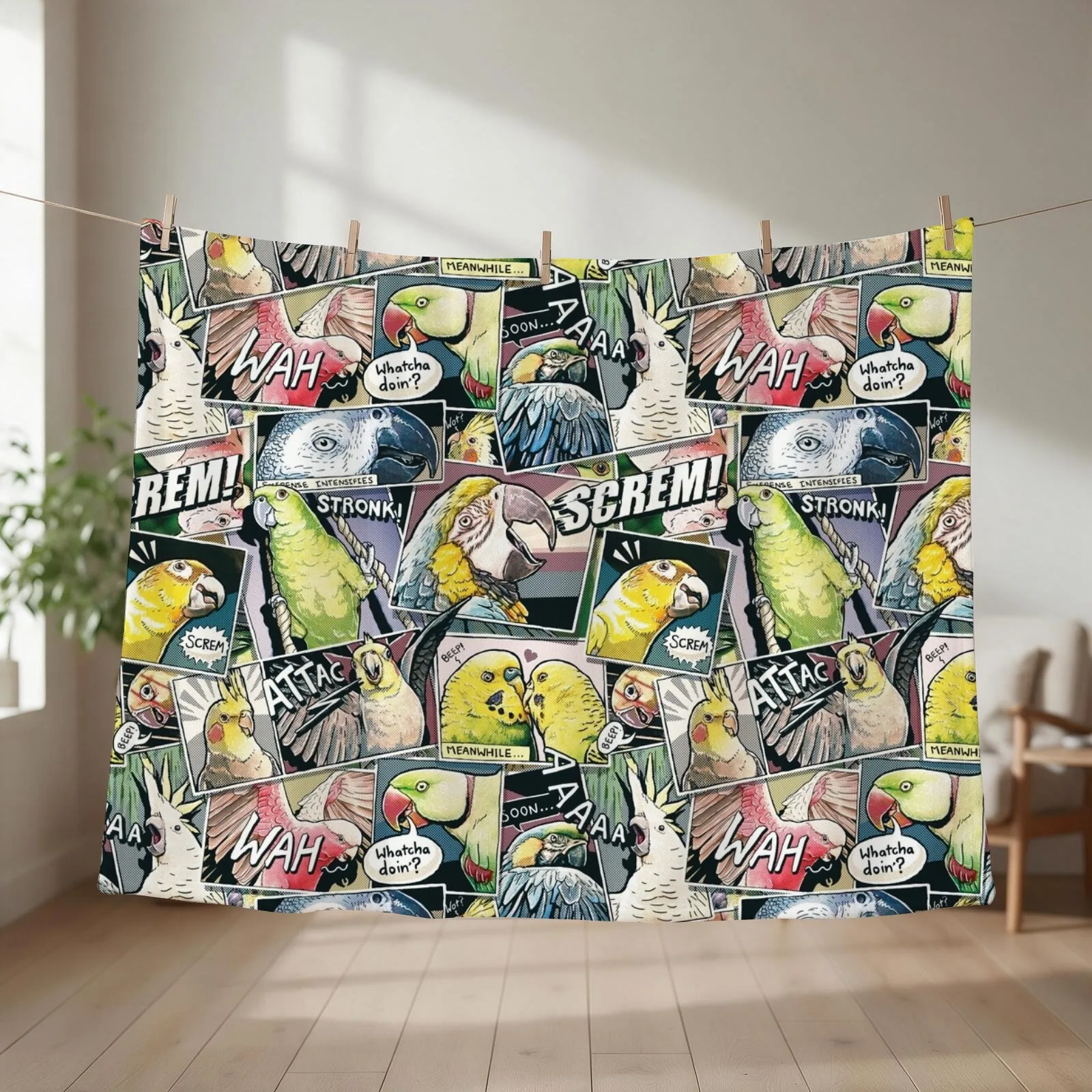 Parrots Comic Style Throw Blanket couch cozy soft plush fuzzy picnic outdoor blanket