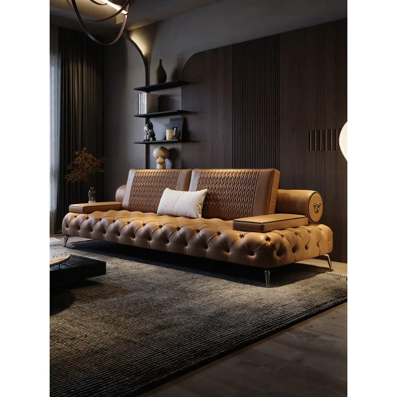 Sofa first layer cowhide modern simple straight row sofa four-person living room