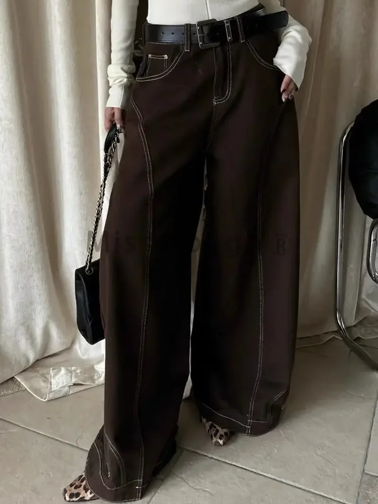 Jean Vintage marron à jambes larges pour femmes, pantalon en Denim Baggy de rue Y2k, Grunge Hip Hop américain rétro surdimensionné, années 2000