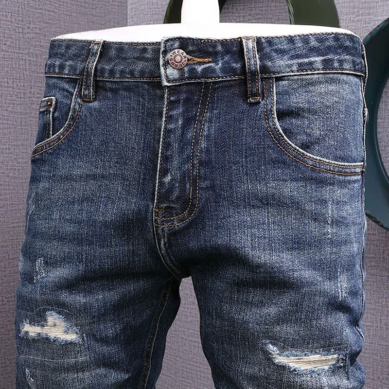 Fashion Streetwear Men Jeans Retro Blue Stretch Slim Fit Ripped Jeans Men Elastic Vintage Designer Denim Pencil Pants Hombre