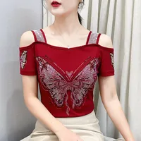 2026 Sexy Off Shoulder T-Shirt For Women Clothes Luxury Flower Diamonds Short Sleeve Tees Summer Fashion Female Mesh Top Shirts - Image 5
