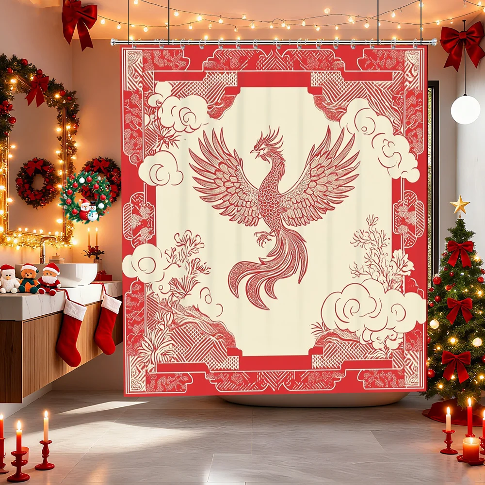 Red Chinese Phoenix Shower Curtain, Vintage Auspicious Bird Pattern Waterproof Bath Curtain, Oriental Bathroom Decor