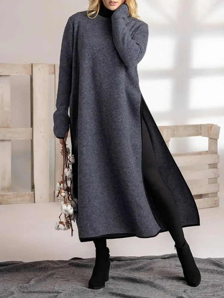 Plus Size VONDA Autumn Vintage Long Dress 2024 Women Pullover Sweatshirt Vestidos Casual Thin Solid Color Split Loose Midi Robe