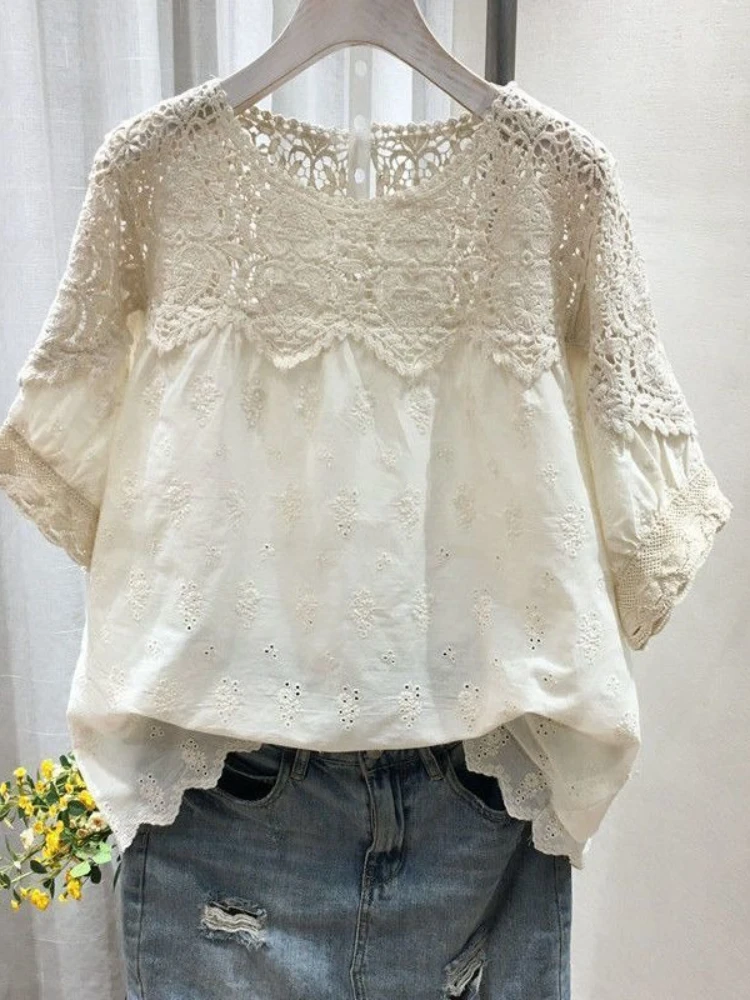 

Vintage Loose Blouses O Neck Short Sleeve Lace Patchwork Hollow Out Tops Solid Color Shirts Fashion Casual 2025 Women's Clothing