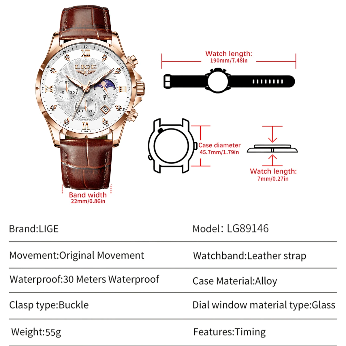 

LIGE Mens Watches Casual Business Watch Men Luxury Waterproof Date Luminous Chronograph Wristwatch Quartz Watch Leather Clock