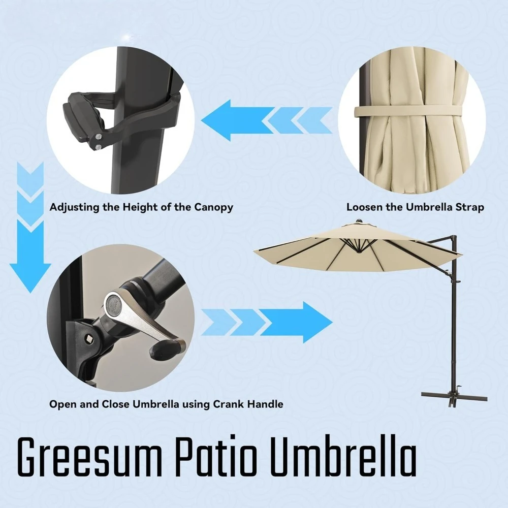10FT Outdoor Patio Umbrella with 4 Gear Heights, Large Offset Market Umbrella with 360-degree Rotation, Hanging Outdoor Shade