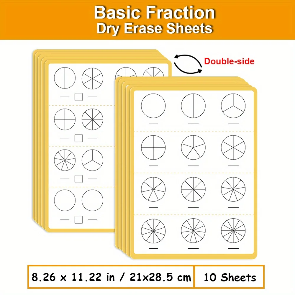 Basic Fraction Dry Erase Sheets Math Manipulatives Homeschool Classroom Supplies Teacher Teaching Aids, Pack of 10 Sheets