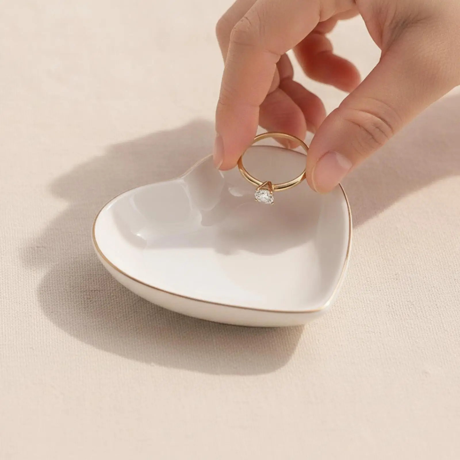 White Ceramic Jewelry Tray Gold Rim Dish for Rings Earrings Necklaces Keys Holder for Dresser Vanity Table Organization