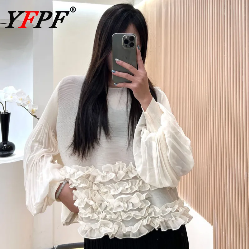 

YFPF Ruffles Folds Design Women's Blouse Fashion Solid Color Miyake Pleated Lantern Sleeve Casual Tops 2025 Autumn New Clothing
