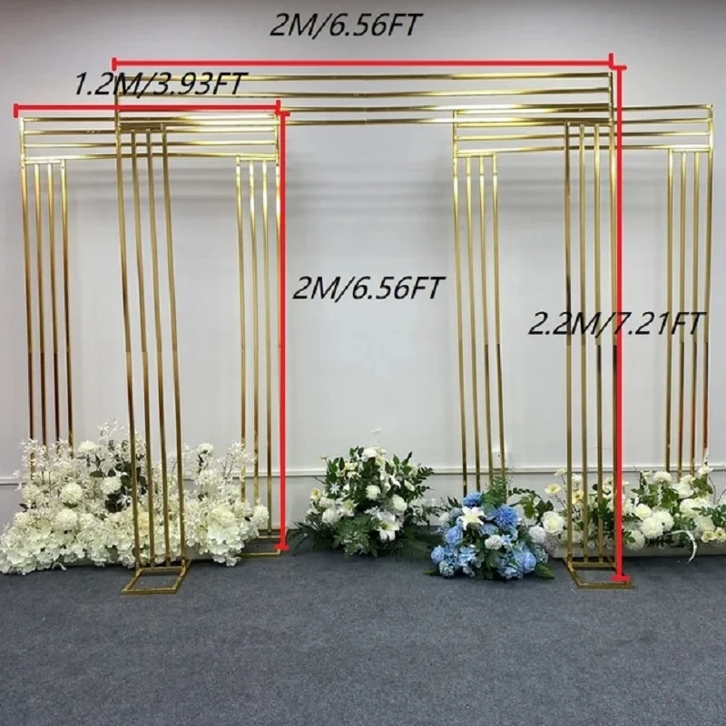 3-teiliges, glänzend vergoldetes 2,2 m langes quadratisches Hintergrundregal, geometrischer Blumenbogen für Hochzeiten, Türständer, künstliche Floristenbedarf. – Detail 28