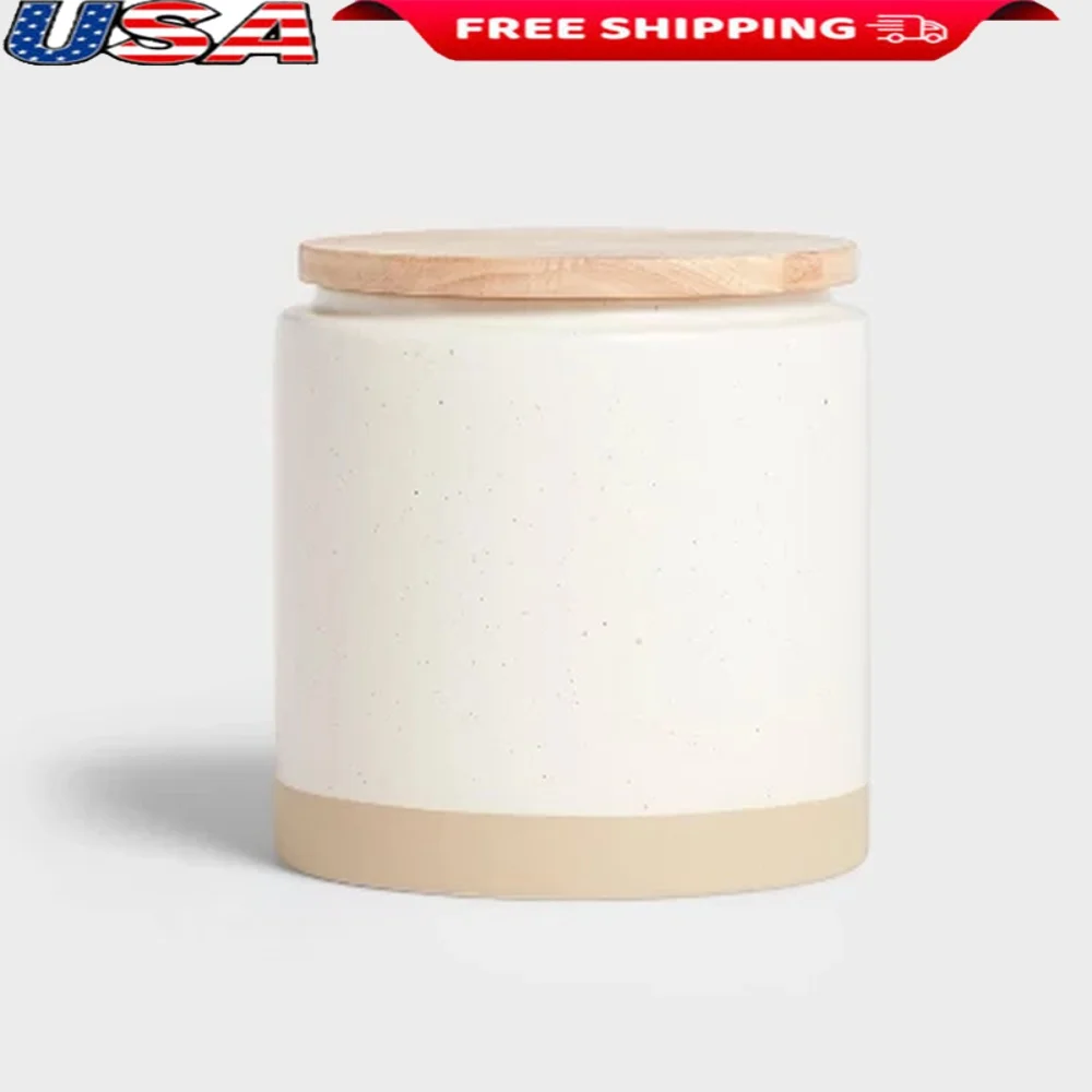 

Medium Stoneware Canister with Wooden Lid Speckled Design Two-Tone Food Preserver Hand Wash Kitchen Storage 74 fl oz