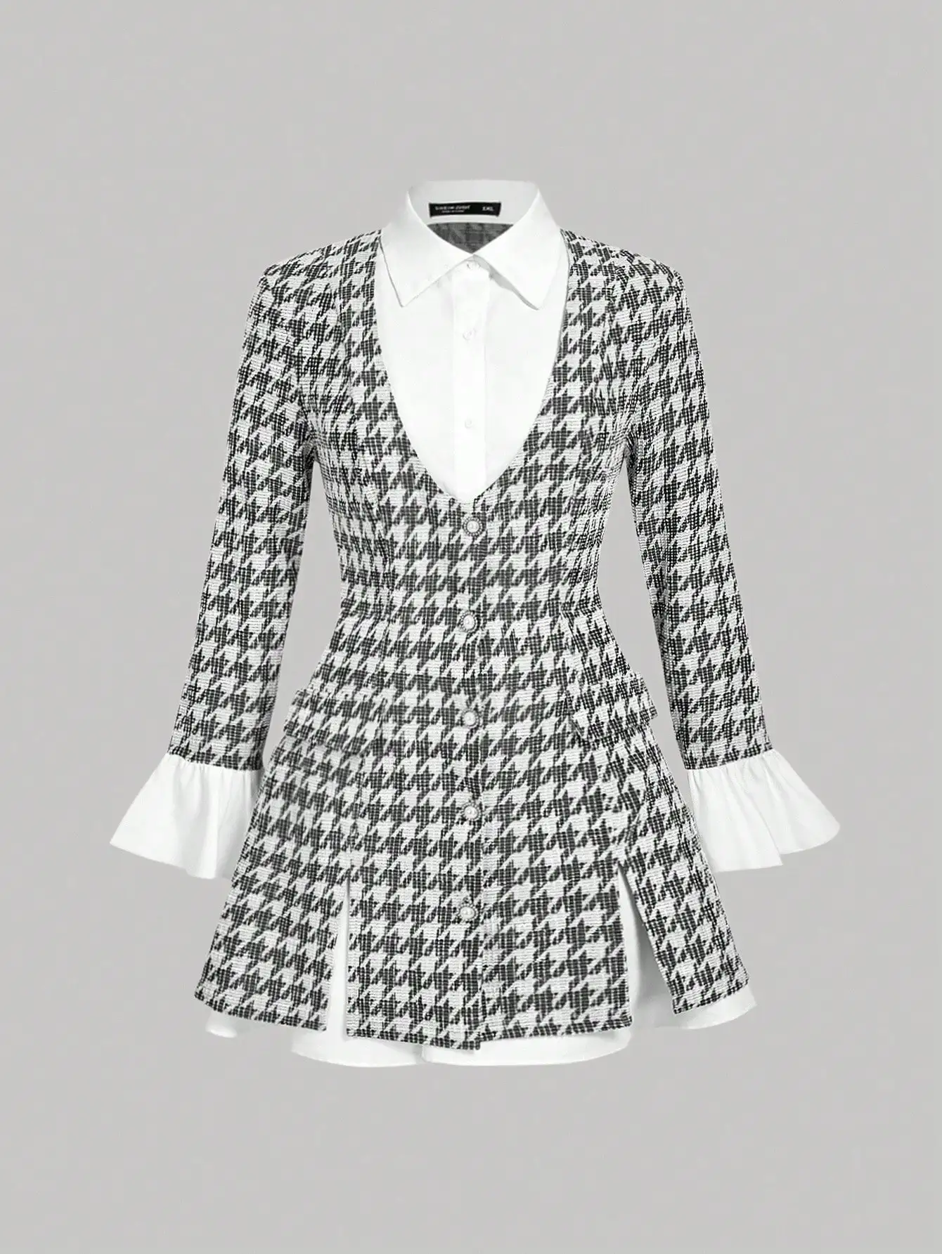 

Women's Houndstooth Waist-Cinching Long Sleeve Flounced Blazer Dress