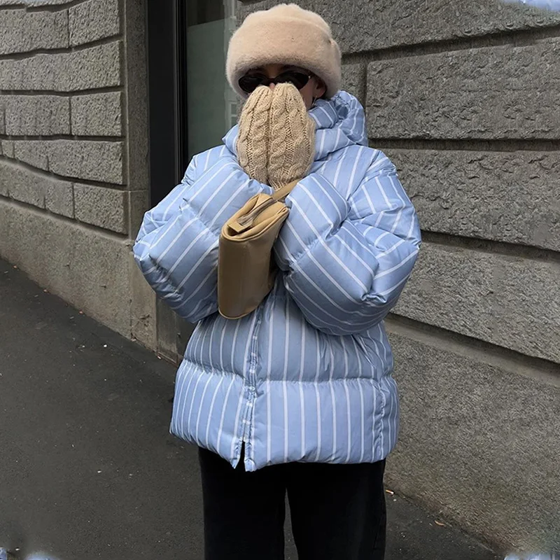 

TARUXY Removable Hood Stand Collar Cotton Jacket Women's Stripe Loose Fashion Commuting Bread Clothes Cotton-Padded Coat Winter