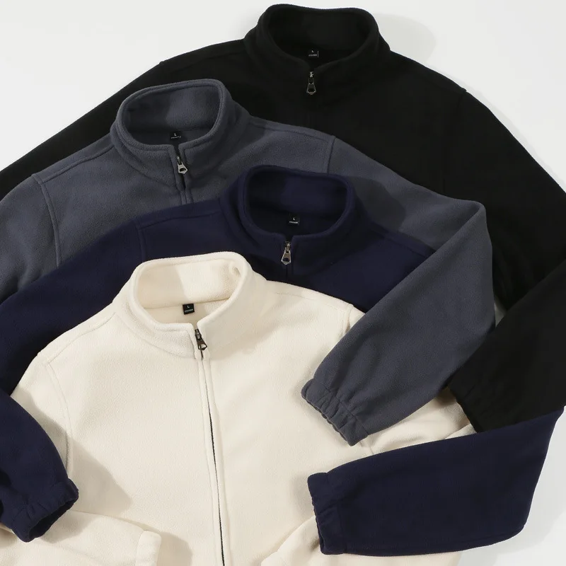 Spring and Autumn Winter Double Sided Velvet Standing Collar Pure Color Casual Jacket Zipper Jacket Cardigan Sweater Men's