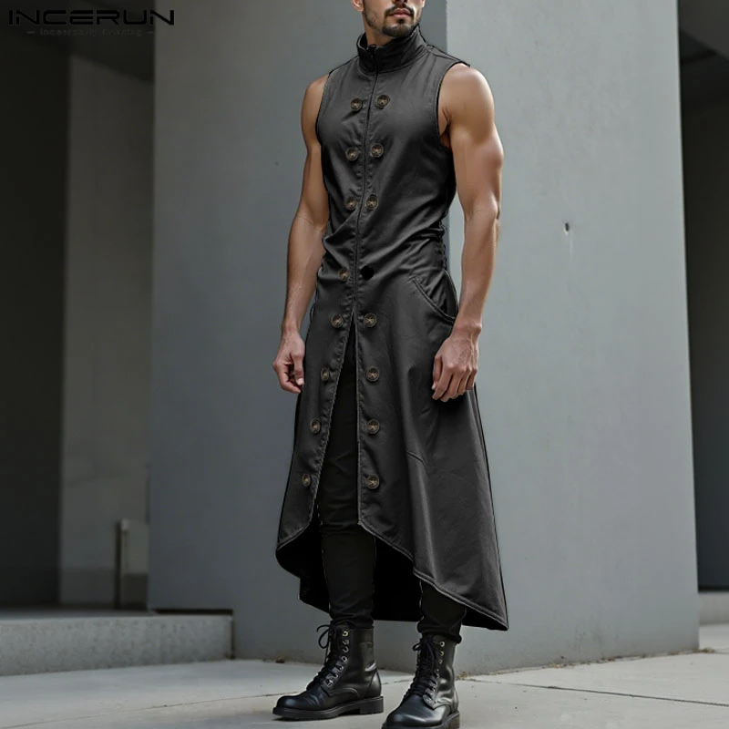 

INCERUN Men Long Style Vests Solid Color Double Breasted Casual Male Waistcoats High Street Sleeveless Fashion Long Cardigan Men
