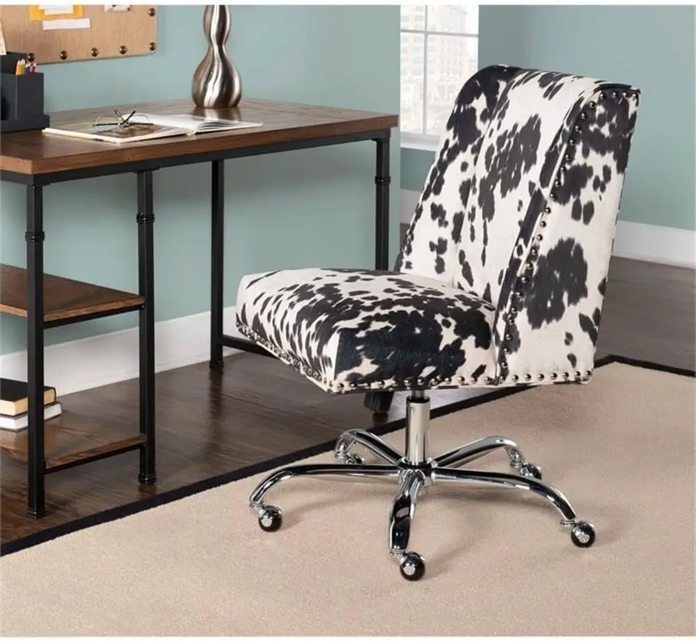 Transitional Fabric Armless Cow Print Office Chair In Black