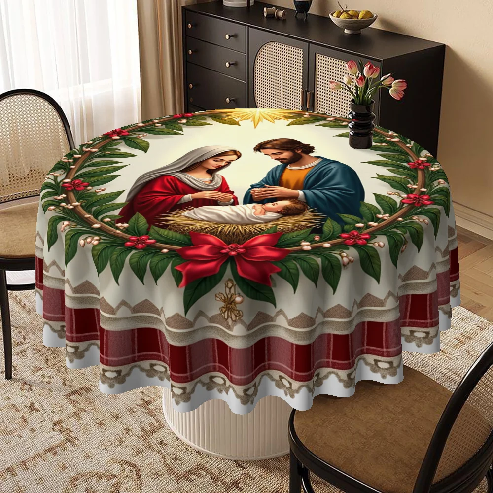 1 peach blossom leather fabric tablecloth with Christmas nativity scene design, perfect for holiday home decoration