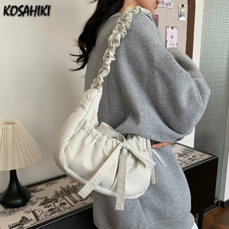 

Women Ins Casual Sweet Kawaii Bow Handbags Pleated Y2k Aesthetic Vintage Underarm Bag Fashion All Match Shoulder Crossbody Bags