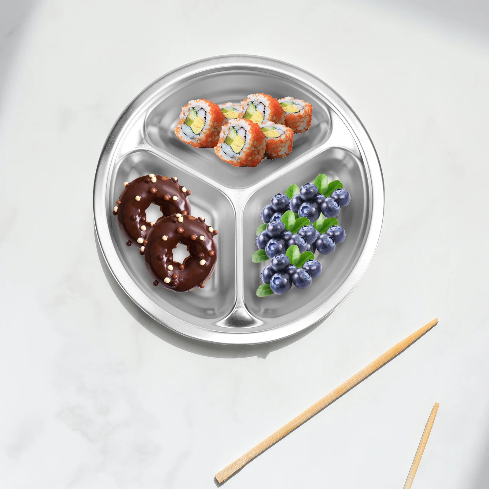 

3pcs Stainless Steel Compartment Tray 20Cm Round Serving Plate With 3 Grids For School Office Canteen Kitchen Barware Dinner