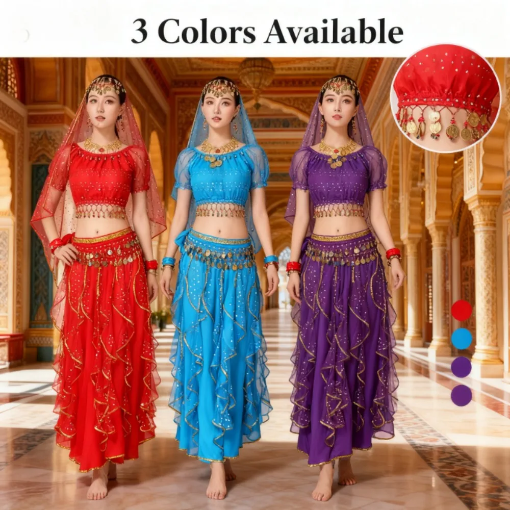 

Belly Dance Costume for Women - Elegant Indian Performance Set with Sequin-Embellished Top & Skirt for Stage Shows & Festivals