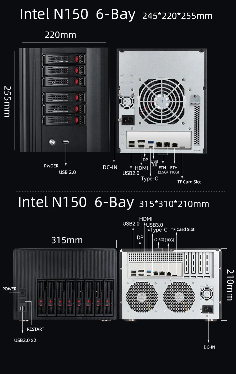 XCY X108 NAS 4/6/8 отсеков 2,5/3,5-дюймовый жесткий диск SATA Intel N150 DDR5 M.2 NVMe SSD 10G Ethernet Type-C Windows11 Linux RAID FreeNas