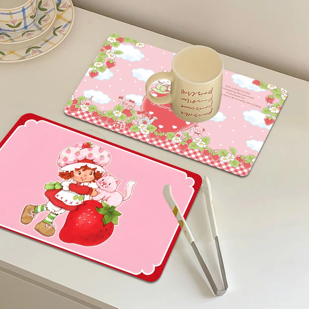 S-strawberry-shortcakeS Anime Coffee Cup Ironing Mat Modern Art Texture Drying Mat Kitchen Counter Coffee Bar Drain Mat
