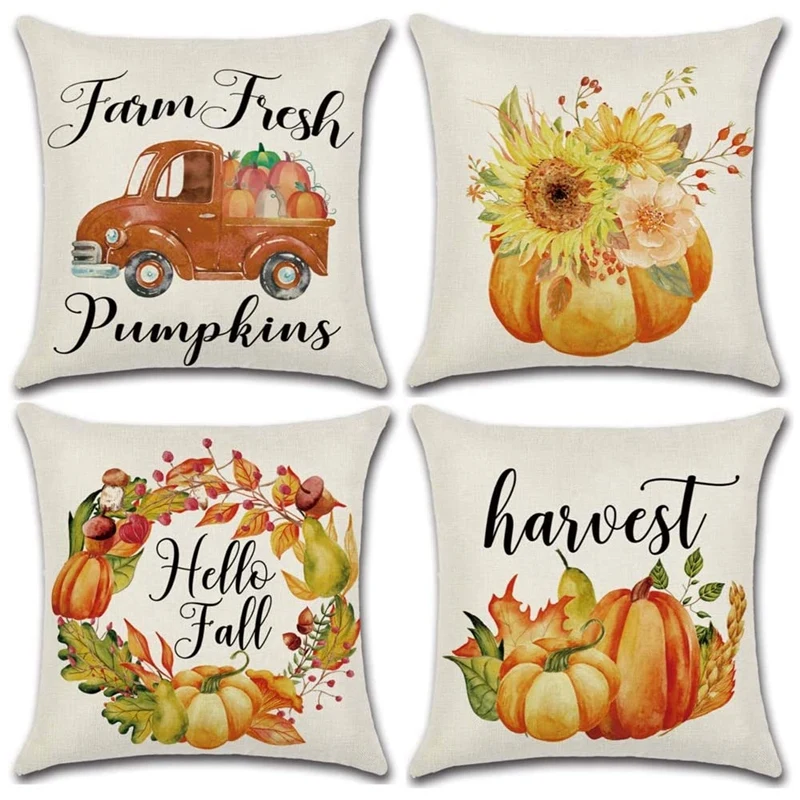 

Fall Throw Pillow Covers, Autumn Harvest Theme Cushion Covers, Farmhouse Pumpkin Throw Pillowcase For Fall Decor