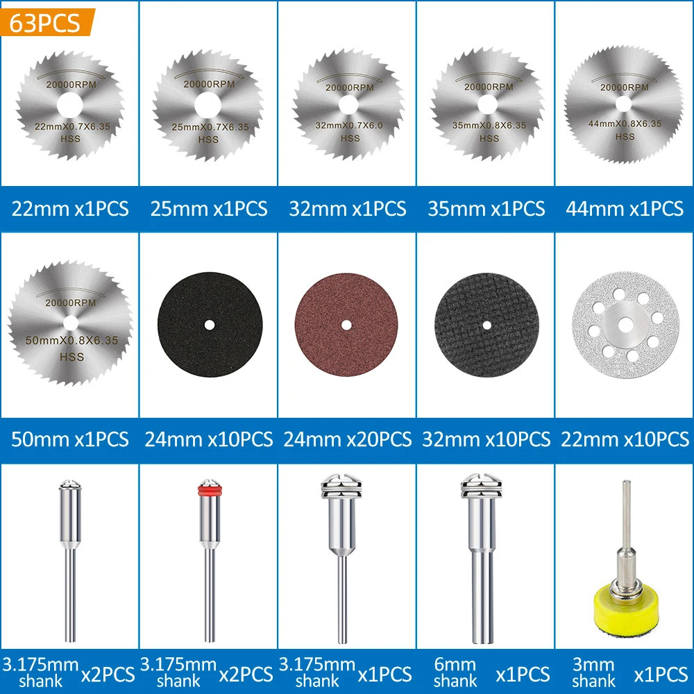 XCAN 63pcs Set Mata Potong Mini HSS, Mata Gergaji Berlian, Cakram Potong Logam, Bor Mandrel 1/8 inci untuk Alat Putar Dremel