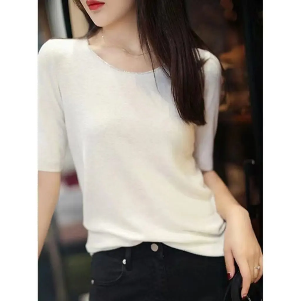 

Elegant Rhinestone Chic round Neck Pullover Knitted T-shirt Summer Korean Style Ice Silk Casual Versatile Top Age-Reducing