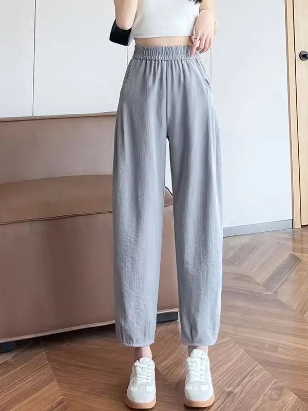 

Summer 2026 Women's Loose Cotton Linen Sports Pants High Waist Elastic Straight Leg Casual Trousers Thin New Style Pure Color
