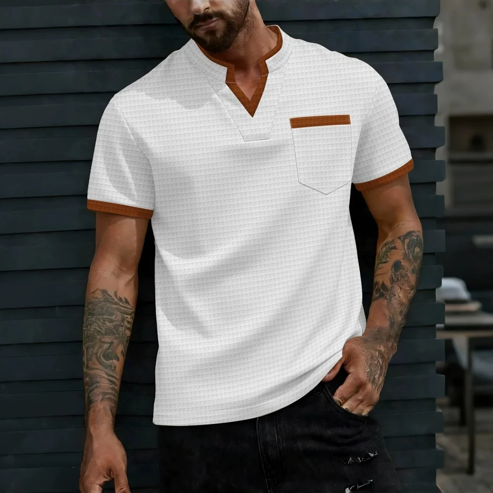 

Men's summer casual fashionable short-sleeved shirt with Henry collar and pocket design for breathable casual field wear