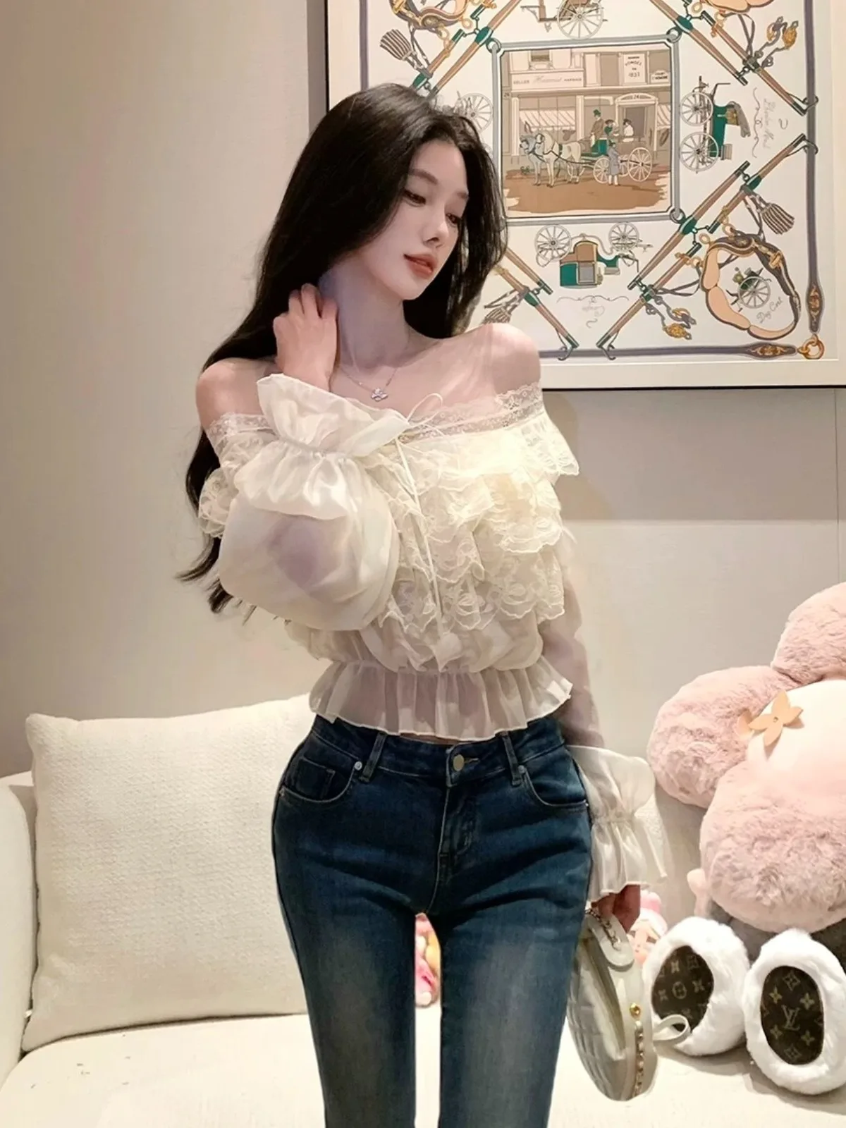

Summer 2026 Sexy One-Shoulder Long-Sleeve Women's Fitted Slimming Shirt Design Korean Style Commute Pure Color Chiffon Top