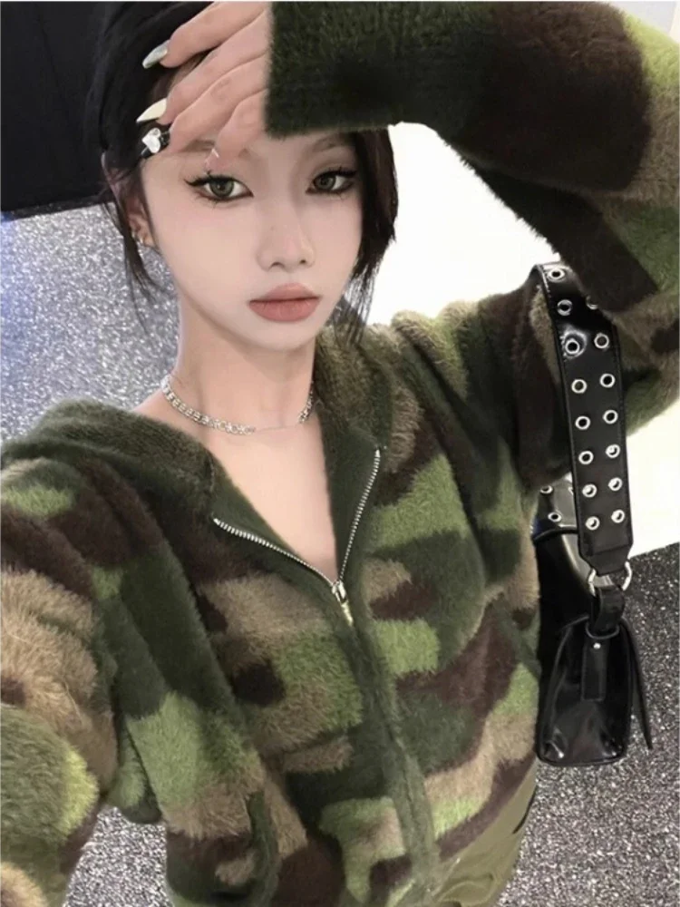 Y2k Vintage Harajuku Cardigans Women Autumn Winter Contrast Color Casual Sweater Streetwear Hooded Fashion Grunge Cropped Coats