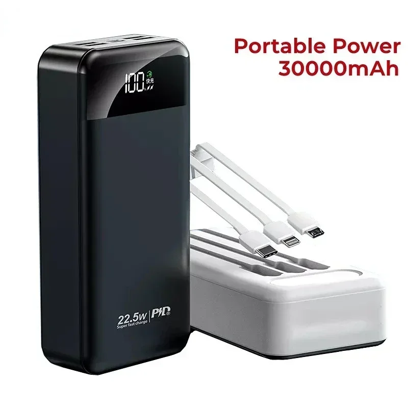 30000mah 22,5 W Schnell Lade Power Bank Mit LED-Taschenlampe Portable Mit Kabel Power Bank Mobile Power Bank